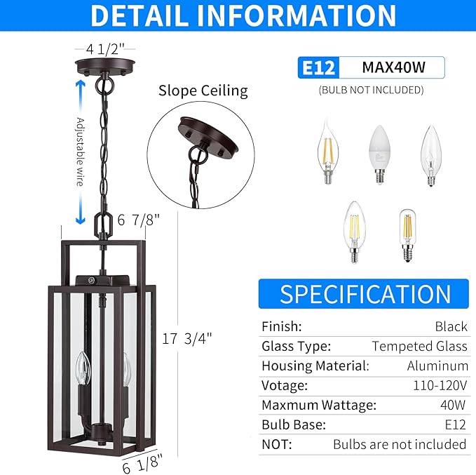 17.8'' Large Dusk to Dawn Outdoor Pendant Light 2-Light, Modern Brown Metal Outside Chandelier Exterior Hanging Fixture Ceiling Mount with Clear Glass for Front Porch Entrance Entryway, 1 Pack