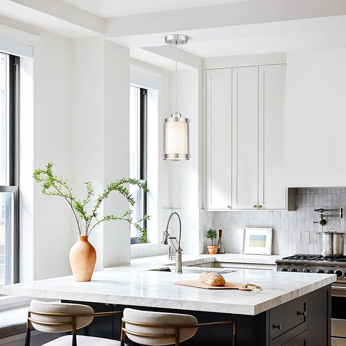 Brushed Nickel Pendant Lights Kitchen Island 3 Pack, Modern Kitchen Pendant Lighting Over Island with Milk Glass, Farmhouse Mini Hanging Light for Sink Dining Room, OS-3014-3PBN