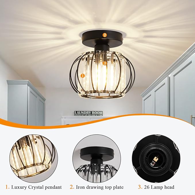 YYJLX 2 Pack Semi Flush Mount Ceiling Light Fixture Modern Small Crystal Chandelier Mini Indoor Ceiling Lamp for Bathroom Hallway Foyer Porch Hall Closet（Black）