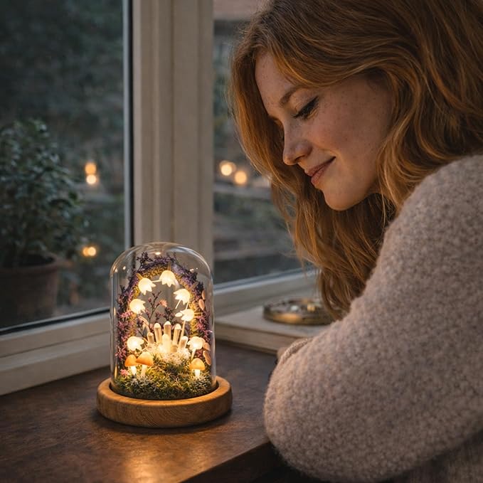 Mushroom Night Light Lamp - Handmade Glass Dome Fairy Light with Solid Wood Base, USB or Wireless, Cozy Aesthetic Bedside Table Decor, Unique Gift | Purple Rain