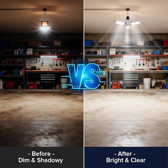 SANSI 3-Panel Deformable LED Garage Light, 300W Equivalent 30W, Garage Lights Ceiling Led,E26 Screw in Adjustable Shop Light with 5000K Daylight, for Garage Workshop Basement, ETL Certified