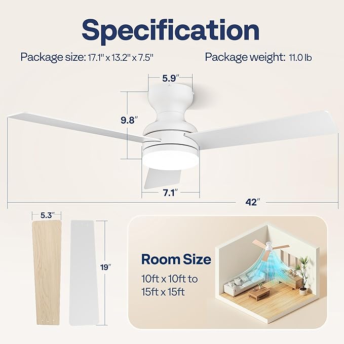 VIVOHOME Ceiling Fans with Lights, 42 inch Low Profile Ceiling Fan with Light and Remote, Flush Mount for Bedroom, Living Room, Garage, 6+1 Speeds, 3CCT, Dimmable, Timer, Quiet Reversible, White