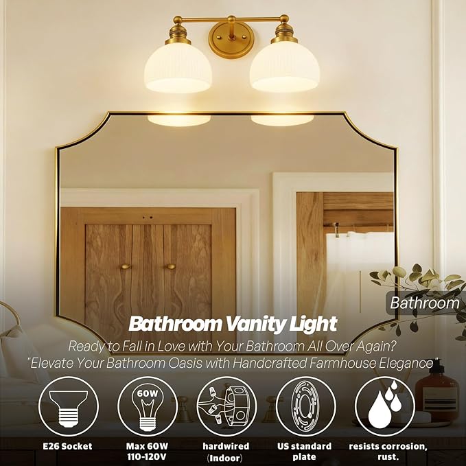 2-Light Gold Wall Sconces,Vintage Bathroom Wall Sconce Light with Milk Glass Double Arm Brass Bathroom Vanity Light for Living Room Bedroom Kitchen E26 Hardwire Indoor