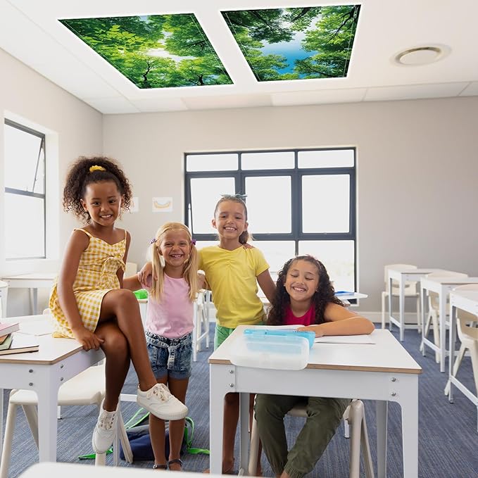 QOUBAI 6 Pcs Fluorescent Light Covers,4 x 2 Ft Magnetic Light Filters Spring Fluorescent Lights Shade Easy Install for Classroom Office Library Hospital Home Ceiling Forest