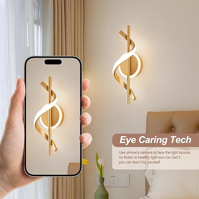EIDISUNY LED Wall Sconces Indoor, 12W LED Wall Mount Lights, Modern Spiral Wall Lamp, 3000K Wall Light Fixture for Stairs, Living Room, Bedroom, Aisle, Hallway (Warm White, Gold)
