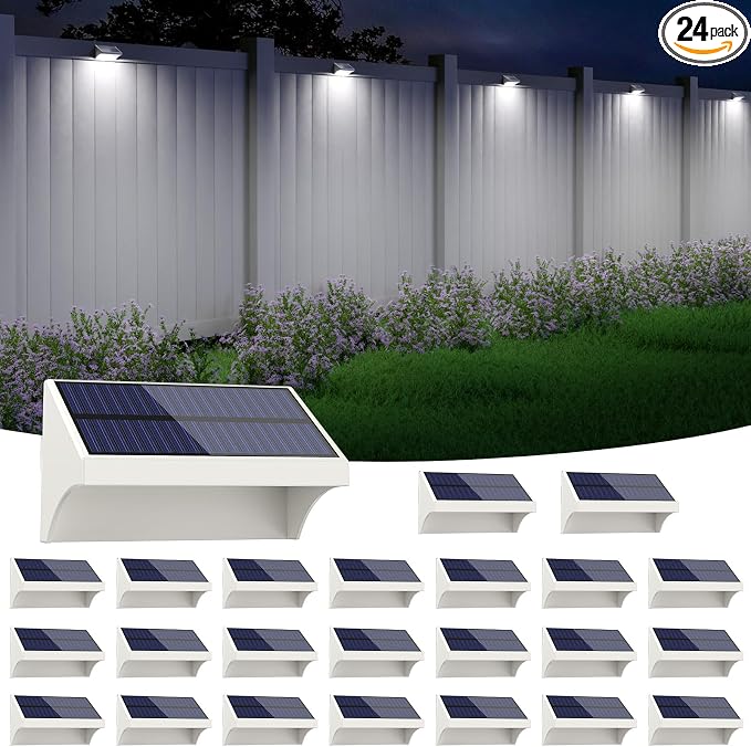 NIORSUN Outdoor Fence Lights, 24 Pack Waterproof LED Solar Fence Lights with 1500mAh Battery, Warm White/Cool White/RGB, Easy-to-Install Wall Light for Deck, Patio, Railing, Stairs, Backyard – White