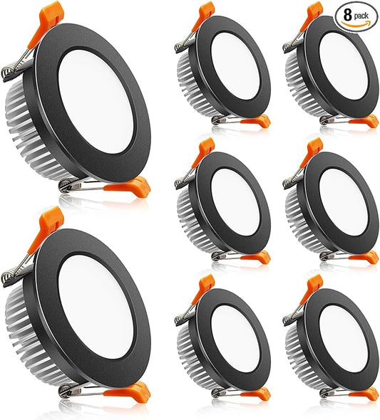 2 Inch LED Downlight, Recessed Lighting Dimmable Ceiling Light, 3W, 3000K Warm White, CRI80 with LED Driver(35W Halogen Equivalent), Black 8 Pack