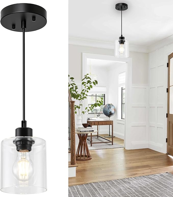 1 Light Pendant Lights Kitchen Island, Modern Farmhouse Hanging Light Fixture, 39Inches Adjustable Black Ceiling Light for Dining Room, E26 Base, Clear Glass Shape