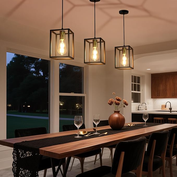 3 Pack Farmhouse Black and Gold Pendant Lights, Hanging Lamps for Living Room Entryway Foyer Indoor, Cage Lantern Kitchen Island Dining Room Light Fixture, Modern Matte Black Industrial Iron Light
