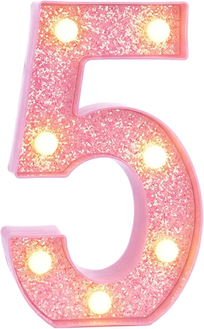 Pink Light Up Marquee Numbers, Glitter LED Number Lights Signs Battery Operated for Girls 5th 15th 25th Pink Birthday Party Table Decorations, 8 Inch Tall Number 5 with Warm White Lights