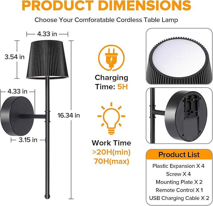 LUTEC Cordless Wall Sconces Set of 2, 5200mAh Wireless Rechargeable Battery Operated LED Wall Lamps, 3 Color Stepless Dimming Portables Lightings for Wall Painting/Living Room/Bedroom/Hallway Decor