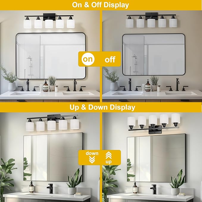 Sailstar 5-Light Bathroom Light Fixtures Over Mirror, Matte Black Vanity Lights, Modern Bathroom Vanity Light, Glass Shade & Anti-Rust Nickel Finished, Bathroom Light for Small Space