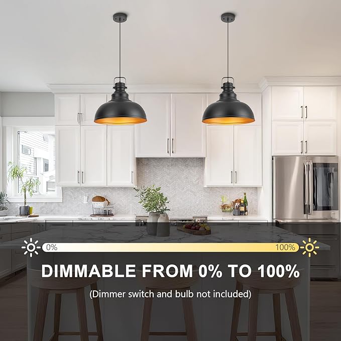 Refice 16 Inch Farmhouse Pendant Lights Kitchen Island Black Pendant Lighting Industrial Dome Island Pendant Lights, Adjustable Height, Hanging Lights, Dining Room, Barn