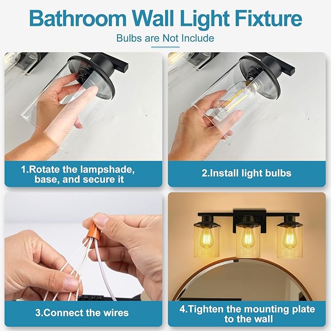 Lightdot Modern Bathroom Light Fixtures, 3 Light Vanity Lights, Black Wall Lamp with Clear Glass for Bathroom, Mirror, Living Room, Bedroom, Hallway, E26 Base-Black