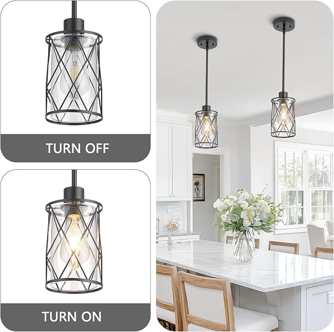 Refice Glass Pendant Lights Kitchen Island, Black Kitchen Hanging Light with Clear Glass, Farmhouse Cage Mini Pendant Lighting for Sink Dining Room Bedroom Bar, 2 Pack