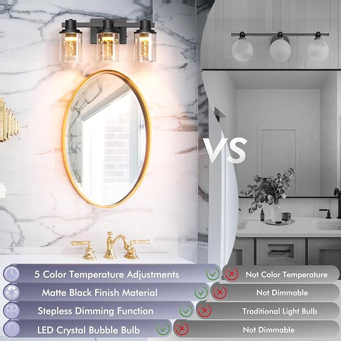 Quntis 3-Light Black Bathroom Light Fixtures with 5 Color Modes, 16 Inch Dimmable Modern Vanity Lighting Fixture Over Mirror, 21 Watts Eye Protection LED Wall Lamp (UL Certified, Bulbs Included)
