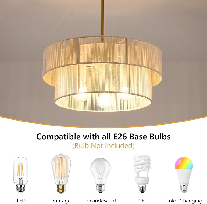 Hand Woven Rattan Chandelier Boho Pendant Light, Adjustable Coastal Hanging Light for Kitchen Island Dining Room Living Room, White, UL Listed