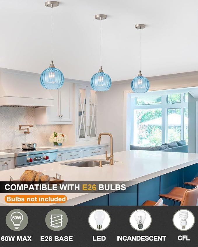Brushed Nickel Pendant Lights Kitchen Island, Globe Pendant Light Fixtures with 8 Inch Clear Glass Shade, Modern Hanging Light Fixtures for Kitchen, Bedroom (2 Pack - Blue Glass Pendant Light)