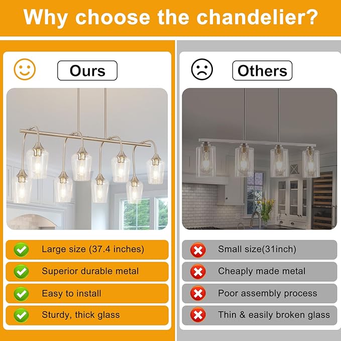 38" Dining Room Light Fixture/Chandelier Over Table, 8-Light Brushed Nickel Kitchen Island Lighting with Clear Glass Shade, Modern Hanging Pendant Lights Fixture for Kitchen Island, Dining Room, Bar