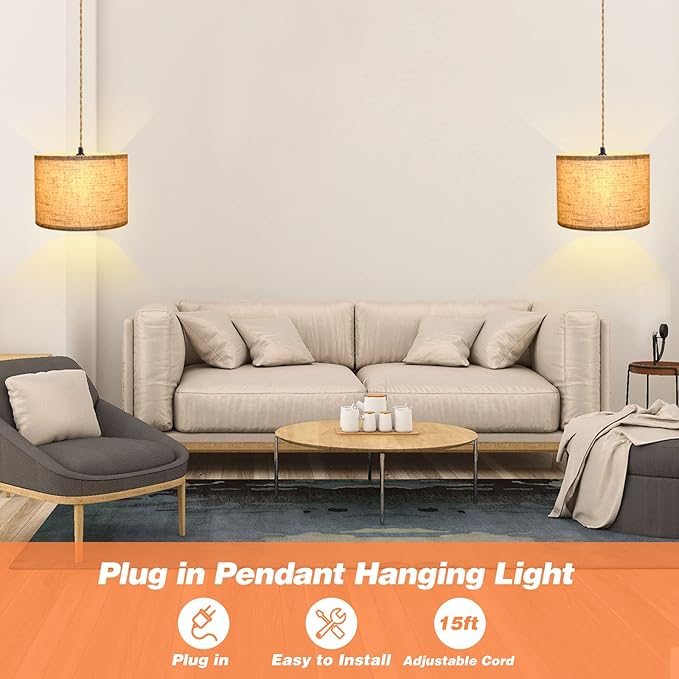 KUAUGST Plug in Pendant Light, Hanging Lights with Plug in Cord, Hanging Lamp with 15ft Hemp Rope, On/Off Switch, Beige Linen Shade, Light Fixture for Bedroom, Living Room, Dining Table 2 Pack