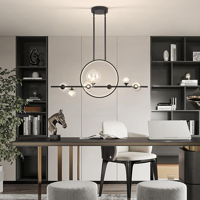 KELUOLY Modern 7 Light Dining Room Chandelier, 37.4" Black Dimmable Mid Century Linear Pendant Lights with Globe Glass Shade, Minimalist Island Light for Dining Room, Office, Kitchen