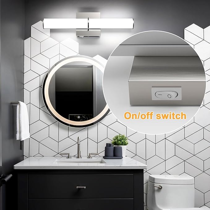 OOWOLF 17.3" Modern Vanity Light Fixture with Switch, 12W 5000K Led Bathroom Light Fixture Over Mirror, Hardwired, Brushed Nickel 1200LM Vanity Light Bar for Mirror Bedroom Hallway Living Room 2Pack