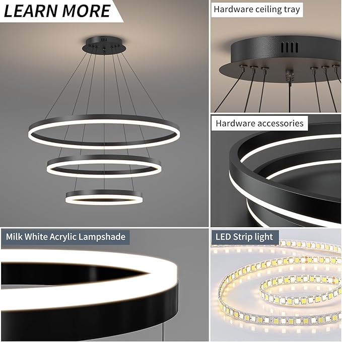 Black LED Modern Chandelier, 3 Ring Circular Dimmable Pendant Light for Kitchen Island, Living Room, Adjustable 3000K-6500K Ceiling Lamp, Above Dining Room Table Hanging Lights for Entryway Foyer