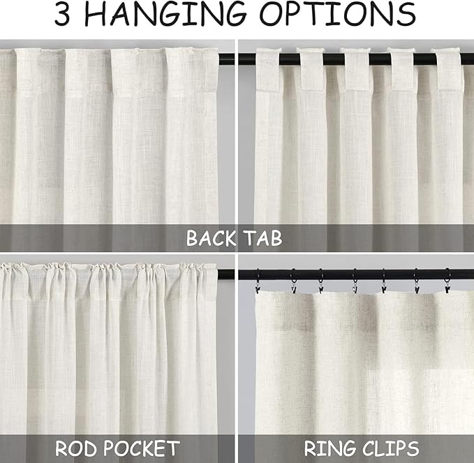 Nanspring Cafe Linen Curtains 24 Inch Length for Kitchen Windows Over Sink, Cream Natural Semi Sheer Light Filtering Back Tab and Rod Pocket Drapes for Small Window 34 x 24 Inch,2 Panels