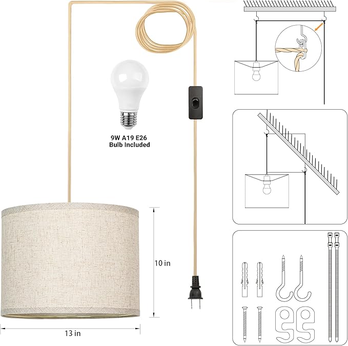 Qingmiao Boho Plug in Pendant Light, Hanging Lamp Plug in with Fabric Linen Shade, 3-Way Dimmable Hanging Light Fixture for Living Room Bedroom Kitchen Ceiling Farmhouse Home Decor