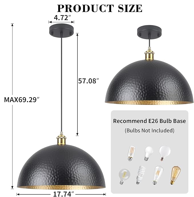 15.74" Black Farmhouse Pendant Light with Hammered Metal Shade Vintage Dome Pendant Light Adjustable Hanging Lighting fixtures for Kitchen Island Dining Room Hallway and Bar