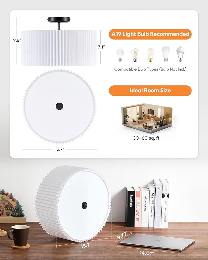 VONLUCE Semi-Flush Mount Ceiling Light, 15.7" Modern 3-Light Ceiling Light Fixture with White Pleated Drum Shade 3 E26 Sockets for Bedroom Entryway Living Room, Black Finish, ETL Certificated