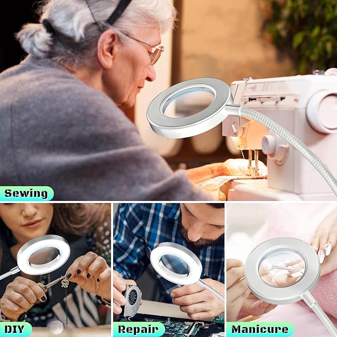 10X Magnifying Glass with Light, Clip on Mganifier with Light, 48 LED Desk Lmap Magnifying Glass wtih Clamp, 3 Modes Dimmable LED Lamps for Bed Work Crafts DIY Repair Gray
