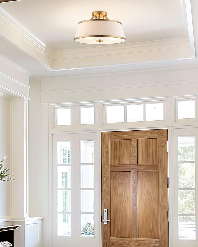 Kira Home Zoey 18" Modern 3-Light Semi-Flush Mount Ceiling Light Fixture + White Fabric Shade, Warm Brass Finish