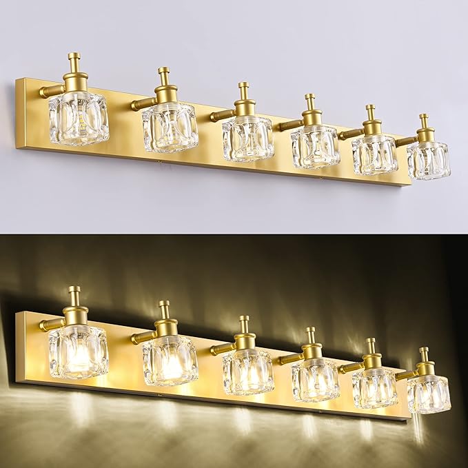 PRESDE 6 Light Bathroom Vanity Light Modern Gold Crystal Bathroom Lighting Fixtures Over Mirror