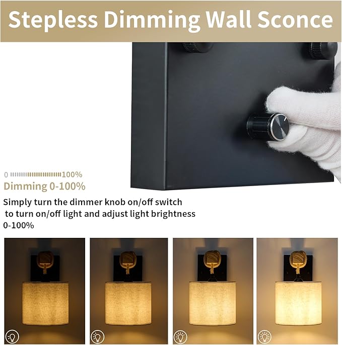 Boho Wall Sconces Set of Two, Hardwired Farmhouse Fabric Wall Lamps with Wooden Arm & On/Off Dimmable Switch,Rustic Indoor Wall Mount Light Fixtures for Bedroom Nursery Living Room Bathroom