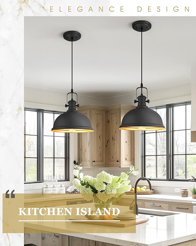 2-Pack Pendant Lights Kitchen Island, Farmhouse Hanging Lights Fixtures with Metal Shade, Rustic Kitchen Pendant Lighting Over Island for Dining Room, Matte Black, AD-2151-1P2L-BK