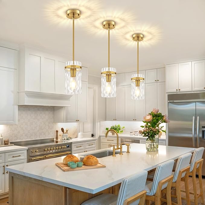 3 Pack Brushed Gold Pendant Lights Kitchen Island, Hammered Glass Kitchen Pendant Lighting Over Island Adjustable Hanging Bathroom Light Fixtures Modern Pendant Light for Dining Room Hallway Foyer