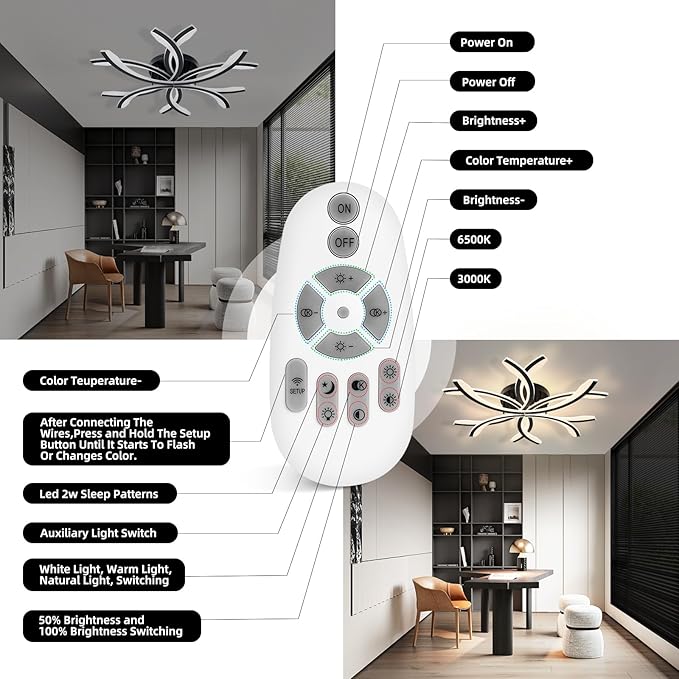 Modern LED Flush Mount Ceiling Light - 12 Lights Dimmable Close-to-Ceiling Fixture with Remote Control, 144W 3000K-6500K Adjustable Color Temperature (Black)