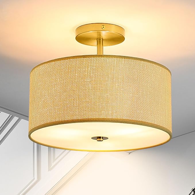 Fabric Semi Flush Mount Lighting Fixture, Modern Semi Chandeliers, Drum Farmhouse Ceiling Light, Beige Fabric Shade 3-Light for Kitchen Island Bedroom Hallway Foyer, E26, W12xH14