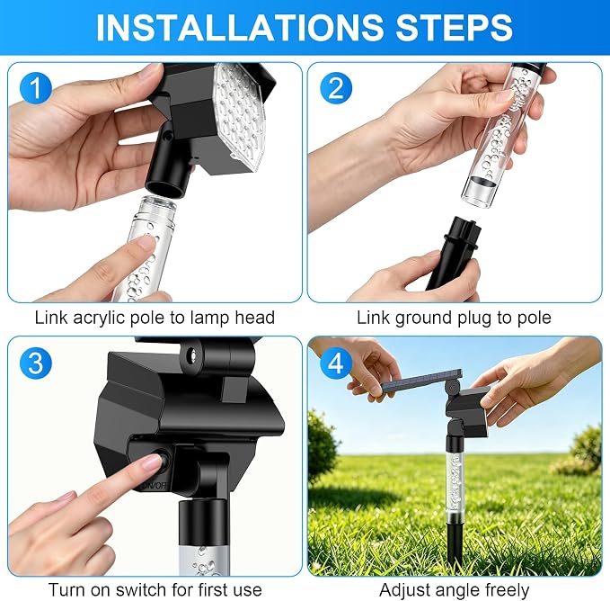 Solar Lights Outdoor Waterproof Spot Lights，IP65 Waterproof with Ambient Light Column & Adjustable Brightness,for Garden Yard Pathway Lawn (Cold White, 4 Pack)