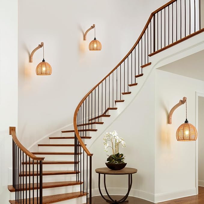 Plug in Wall Sconce,Farmhouse Wicker Wall Lamp Plug in,Hand Woven Rattan Wall Light Farmhouse Rustic Boho Sconces Wall Lighting for Living Room Bedroom