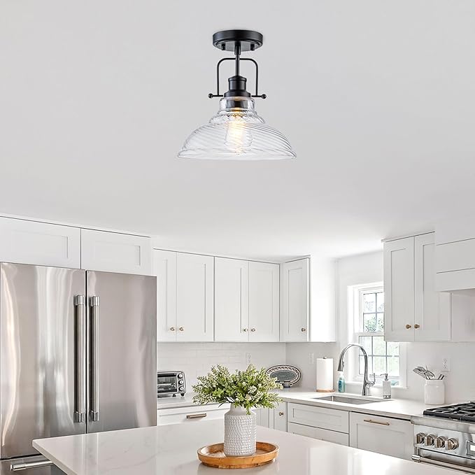 WILON Flush Mount Ceiling Light, Black Farmhouse Ceiling Light with Striped Clear Glass Shade, Light Fixtures for Dining Room Ceiling, Semi Flush Mount Ceiling Lights for Kitchen Entryway