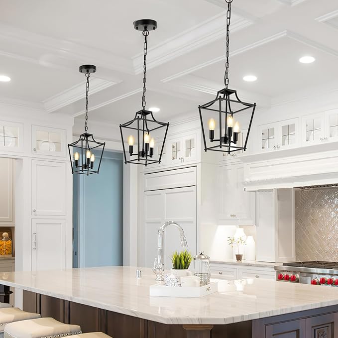 Lantern Pendant Light Black Pendant Light Fixtures 3-Light Black Lantern Pendant Lights, 9.4" Adjustable Farmhouse Pendant Lighting for Kitchen Island Dining Room Foyer