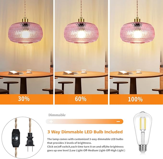 QIYIZM Pink Plug in Pendant Light Hanging Lights with Plug in Cord Boho Hanging Lamp Glass Gold Mid Century Modern Vintage Dimmable Flower Plug in Chandelier Ceiling Fixture for Living Room,Kitchen