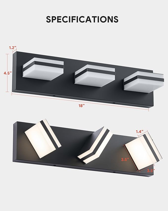 VONLUCE Bathroom Vanity Light Fixture, 3-Light Modern LED Vanity Lights, 3CCT Adjustable Bathroom Light with Memory Function Rotatable Shades, 18" Wall Lighting Fixture Over Mirror, Matte Black