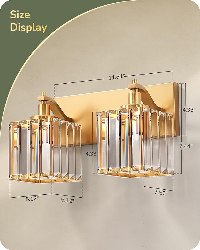 EDISHINE Bathroom Vanity Light, Modern Bathroom Lighting Fixtures, 2 Light Crystal Vanity Lights Over Mirror, Brass Bath Wall Sconce Lamp for Powder Room, Makeup, E26 Base, Gold