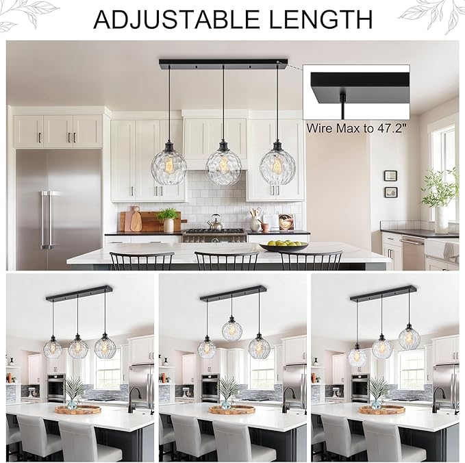 3-Light Black Island Lights for Kitchen, 31.5" Globe Pendant Light with Clear Hammered Glass Shade, Farmhouse Adjustable Hanging Light Fixtures for Dining Room Kitchen Island