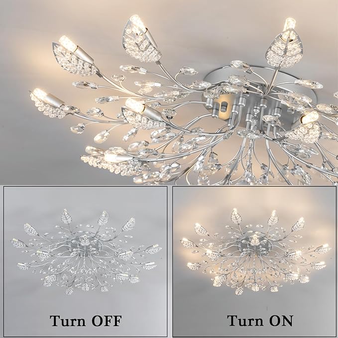 Modern Crystal Ceiling Light Fixture,Silvery Semi Flush Mount Chandeliers,Crystal Leaf Ceiling Light, Chandeliers for Dining Room,Living Room,Bedroom