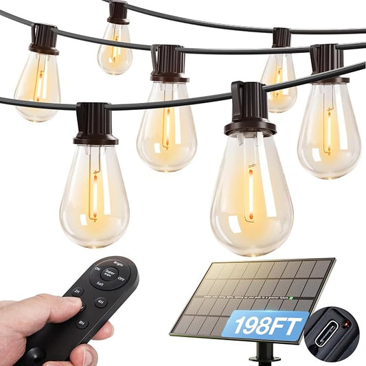 addlon 198FT(192+6) Solar String Lights Outdoor Waterproof 6W Panel with USB Port & Remote Control Solar Powered Patio Lights for Outside with 68 LED Dimmable Bulbs for Porch Garden Deck Halloween
