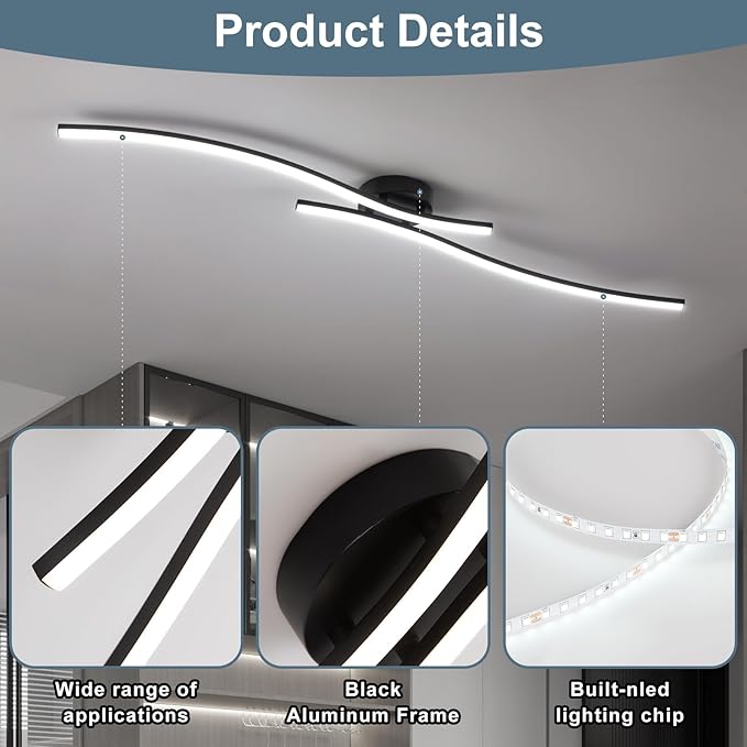 47.24inch Linear Ceiling Light Black Modern LED Ceiling Light Fixture 6000K Aluminum Long Ceiling Lamp for Hallway, Kitchen, Bedroom, Dining Room